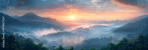 Pristine Sunrise Over Misty Mountains: Early Dawn Rays Illuminate Majestic Peaks Ideal for Breathtaking Natural Wallpaper!