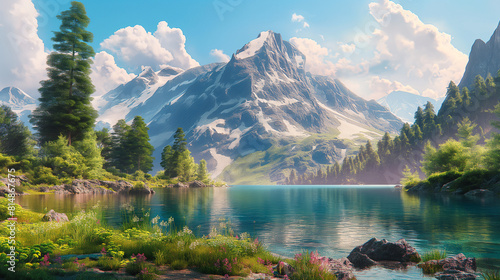 a beautiful landscape of snow-capped mountains and a lake in a valley. Generative AI