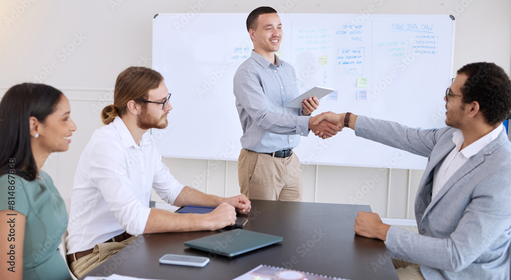 Fototapeta premium Handshake, business people and presentation in office with tablet for project, planning and marketing team. Success, congratulations and man for partnership, career promotion and agreement in agency
