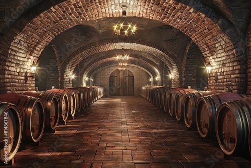 elegant rows of oak wine barrels in a dimly lit atmospheric cellar with arched brick ceiling 3d rendering