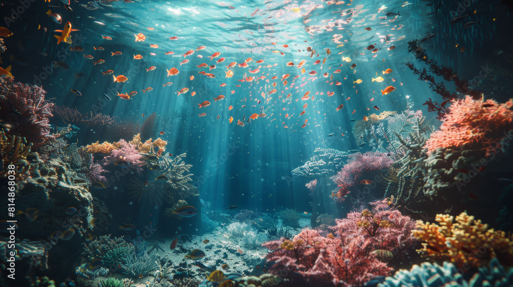 Obraz premium Capturing the essence of an underwater coral reef, this scene features a rich tapestry of marine life illuminated by light rays through the water.