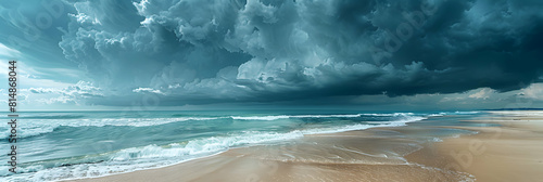 Dark thunderclouds looming over serene beach   a perfect blend of calm and chaos in realistic photo concept of thunderstorm approaching beach.