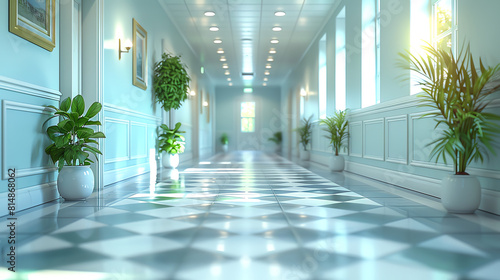 A long  brightly lit hallway with potted plants on either side. The walls are paneled and the floor is checkered. At the end of the hall is a large window.