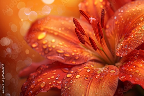 enchanting macro shot of vibrant redorange lily petals with glistening water drops blurred background photography