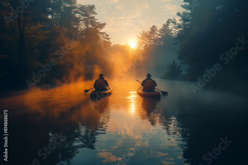 Stand-up paddleboarders leisurely exploring glassy lake's serene beauty .Two kayakers paddle on the water at sunset through a stunning natural landscape photo