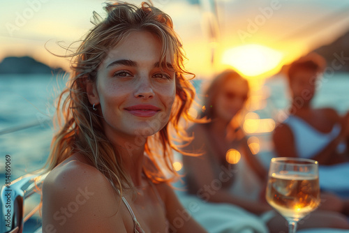 Yacht partygoers enjoying a luxurious sunset cruise, sipping cocktails and soaking in panoramic views .A woman with a smile sits on a boat under sunlight holding a wine glass photo