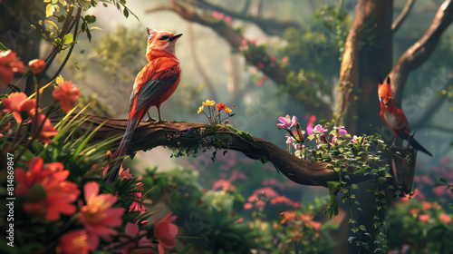  Close-up of a lively part of the forest, highlighting a colorful bird on a branch and a fox nearby, amidst lush greenery and vibrant flowers. 