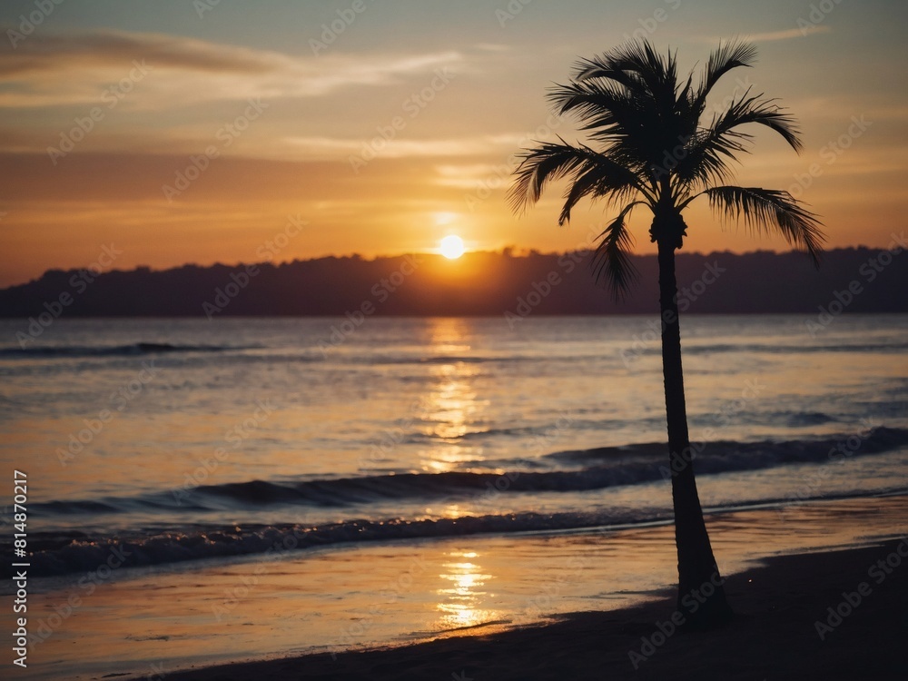 Beach Bliss, Retro Sunset with Palm Tree Silhouette