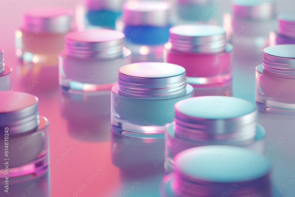 Closeup shot of cosmetic cream in glass jars with silver lids. Closeup shot of cosmetic cream in glass jars with silver lids.