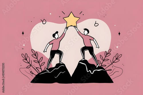 Two people on mountain reach for a star; symbolizing teamwork and collaboration.