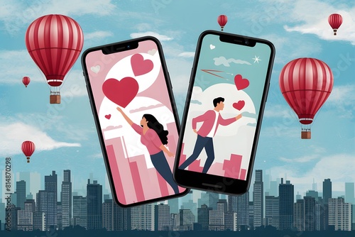 Two phones show love scenes: woman reaching with heart, man sending heart plane. Skyline with hot air balloons.
