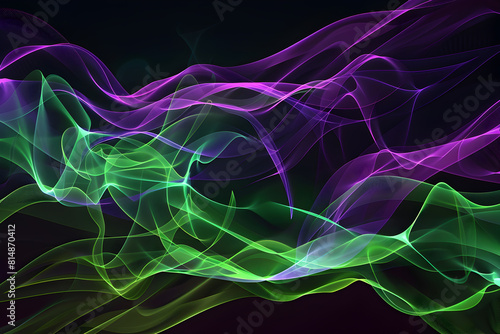 Surreal neon waves pulsating with electric green and purple hues. An otherworldly art experience.
