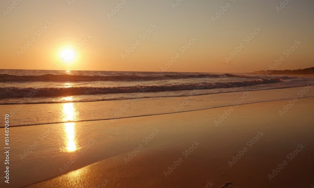 The sun is setting over the ocean, casting a warm glow on the beach