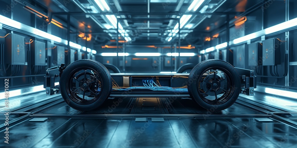 The image shows a car chassis with wheels in a futuristic environment with blue lights. The image shows a car chassis with wheels in a futuristic environment with blue lights.