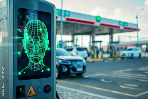 The image shows a gas station with a facial recognition system. photo