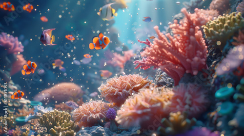 Close-up view of a coral garden with intricate textures and patterns  surrounded by small colorful fish and sea creatures. 