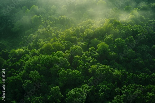 The photo shows the green canopy of a lush rainforest