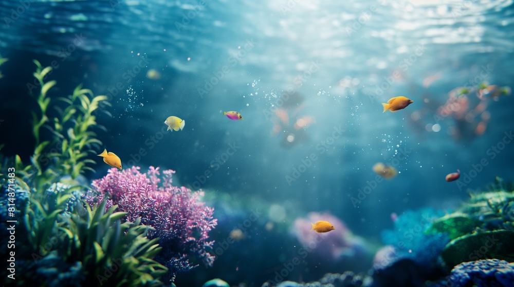 Naklejka premium Underwater world. Colorful fishes swim near a beautiful coral reef in the ocean.