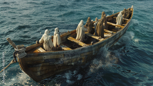 old wooden rugged boat floating on of the water with Jesus Christ and His 12 Disciples, splashing, set against the backdrop of a deep blue ocean.