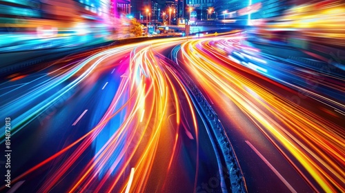 Abstract Motion Blur City, traffic in central district of city at night. Light trails with motion blur effect, long time exposure photo
