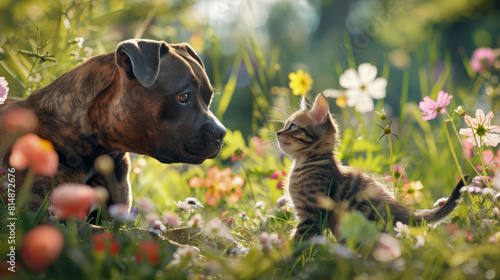 A dog and a cat are standing in a field of flowers photo