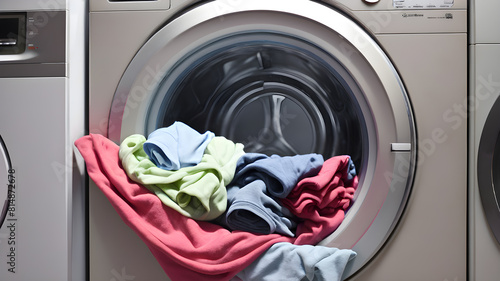 Dirty laundry thrown into the washing machine, Generative AI photo