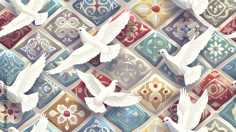 Calligraphy and Doves Tiles: Islamic Art with Peaceful Dove Symbolism for Eid Al Adha   Flat Isometric Illustration