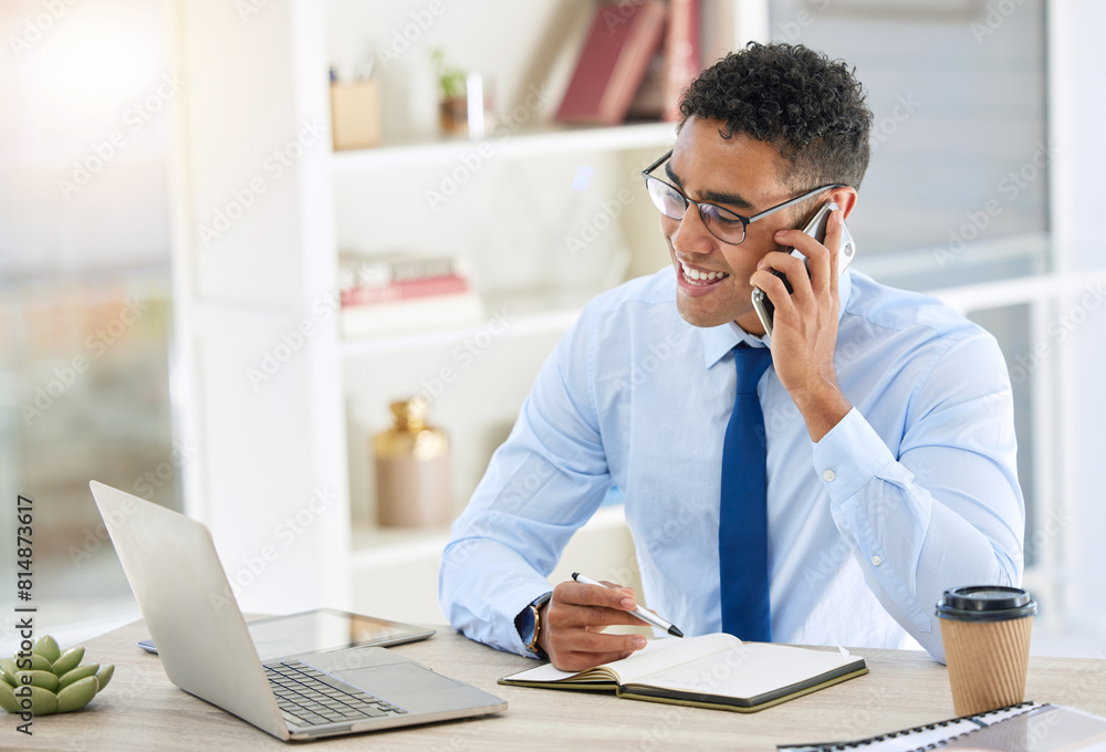 Happy, businessman and phone call with laptop in office for contact, communication and feedback. Smile, male person and secretary with mobile and computer for email, schedule and agenda planning Happy, businessman and phone call with laptop in office for contact, communication and feedback. Smile, male person and secretary with mobile and computer for email, schedule and agenda planning