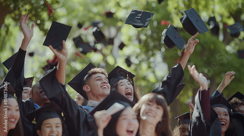 Recent Graduates throw graduation caps on blue sky or air. celebrate convocation, graduation ceremony, success of college students.