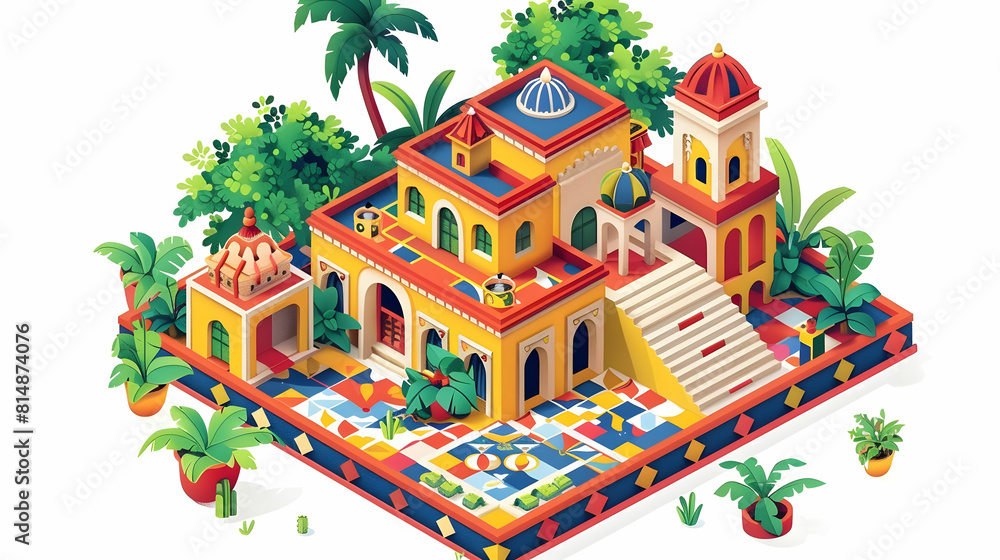 Celebrating Colombian craftsmanship with traditional Feria de las Flores craftsman tiles   Flat design icon concept in isometric scene