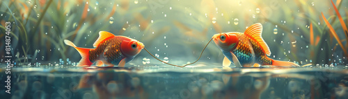 Two goldfish, one red and one orange, are swimming in a pond. The red fish is slightly larger than the orange fish. They are both facing each other. photo