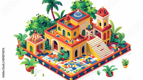 Celebrating Colombian craftsmanship with traditional Feria de las Flores craftsman tiles   Flat design icon concept in isometric scene