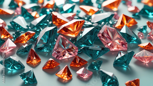 pin made of sparkling diamond glass fragments in deep turquoise  orange and pink shades. Shiny  elegant. light background