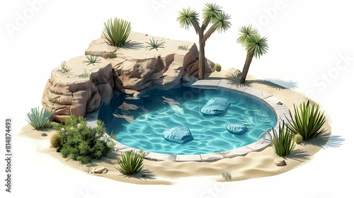 Desert Mirage Hot Springs  A Surreal Oasis Amidst Arid Mirage  Offering Relief and Spectacular Views Isometric Flat Design Icon Illustration Concept