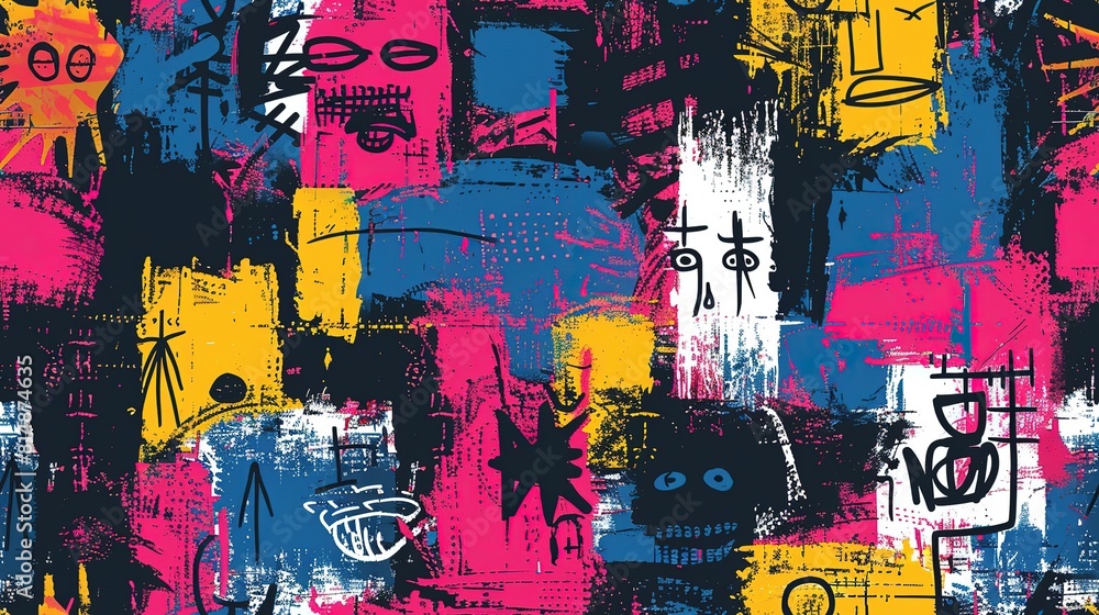 Fototapeta premium punk pop rock style elements abstract face with grungy texture with color splash abstract background, seamless pattern tile, Generative Ai