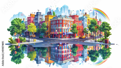 Downtown Rainbow Reflections: Urban Tapestry with Brilliant Rainbow Reflecting in Puddles on Streets Isometric Flat Design Icon