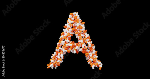 Vitamin A, pills in a orange and white shell in the shape of the letter A isolated on a black background, 3d rendering