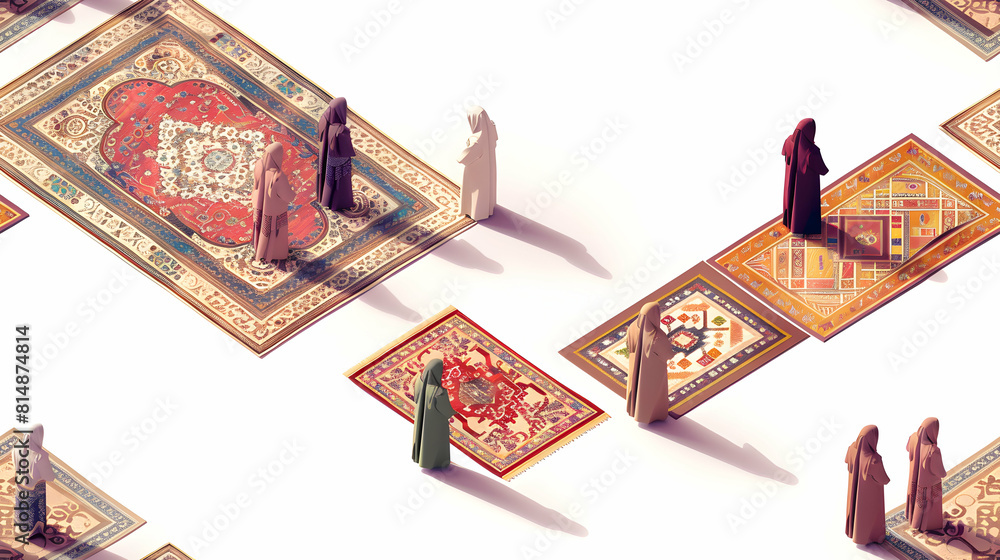 Obraz premium Eid Al Adha Carpet Pattern Tiles: Detailed Flat Design Icon Reflecting Rich Textile Traditions in Isometric Scene Adobe Stock Concept