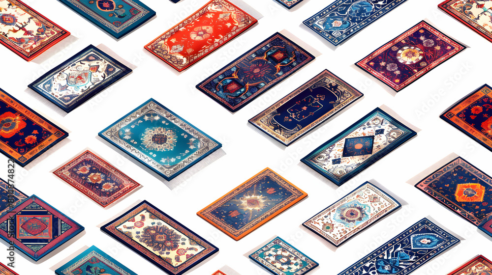 Eid Al Adha Carpet Pattern Tiles: Rich Textile Traditions in Detailed Flat Design Icons   Isometric Illustration Depicting Ornate Carpet Designs for Eid Celebrations