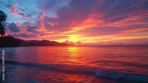 A breathtaking sunset paints the sky with hues of orange and pink, evoking a sense of wonder and happiness. © Sasikharn