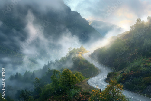 A winding road with trees and fog in the background