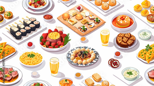 Eid Feast Tiles Concept: Traditional Dishes Festive Settings Isometric Flat Design Icon Illustration
