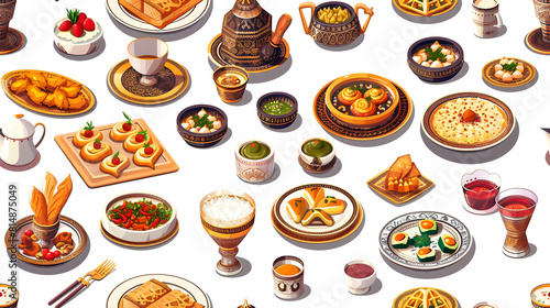 Eid Feast Tiles: Traditional Dishes and Festive Table Settings Isometric Flat Design Concept
