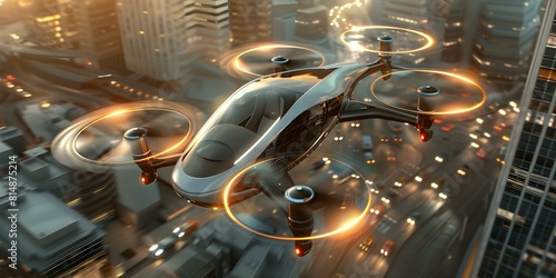 Sustainable urban mobility: Electric flying taxi offers traffic-free travel. Concept Urban Mobility, Sustainable Transportation, Electric Flying Taxi, Traffic-Free Travel, Future of Transportation photo