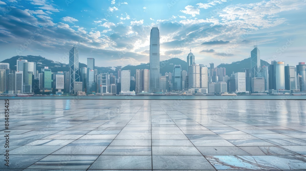an empty marble floor set against a backdrop of a vivid blue sky adorned with fluffy white clouds, forming a panoramic seaside square with a scenic city view.