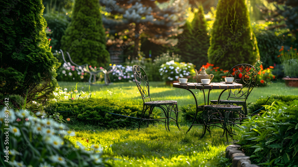 a picturesque garden scene featuring an elegant wrought iron table and chairs set amidst lush greenery.