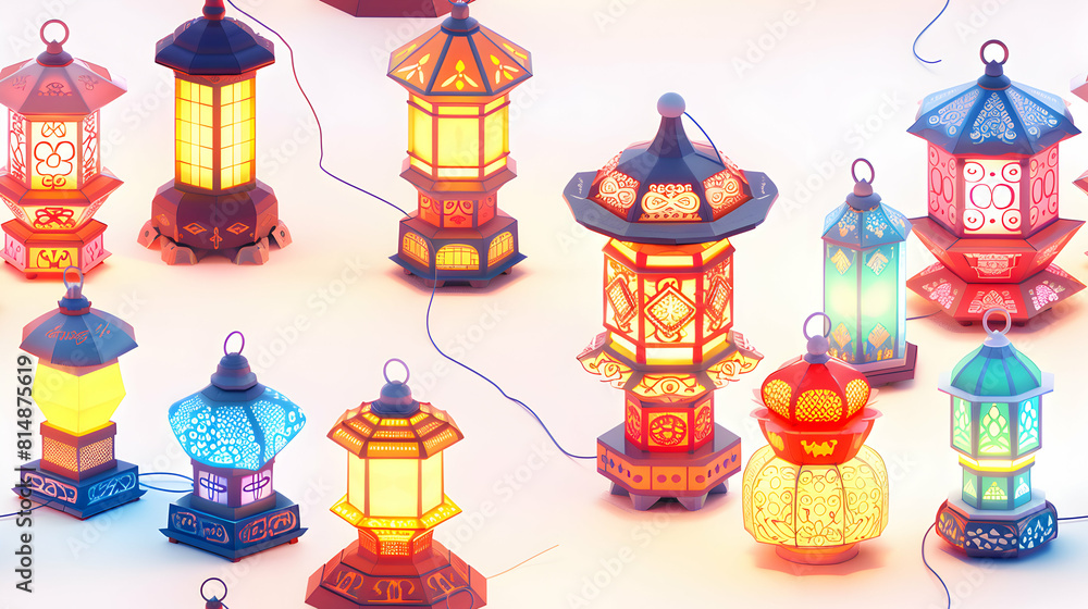 Festive Lantern Tiles: Traditional Independence Day Lanterns Lighting up Celebrations in Flat Design Isometric Scene