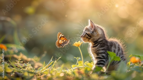 A curious kitten plays with a butterfly, their playful interaction capturing the innocence and charm of nature's wonders.