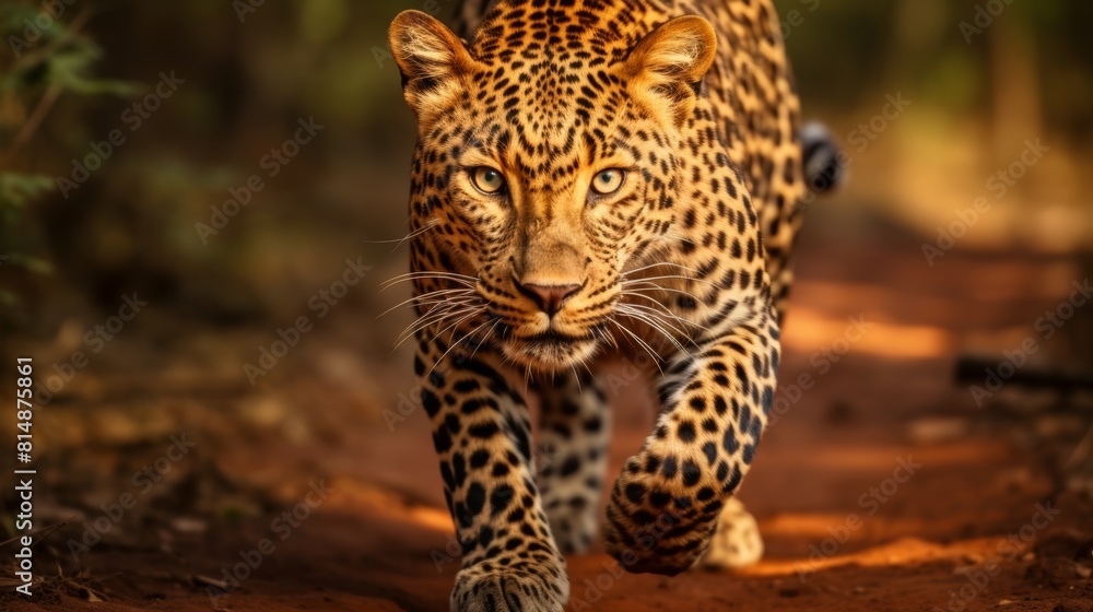 Fototapeta premium Leopard hunting down its prey in the untamed wilderness, intense pursuit through the natural habitat