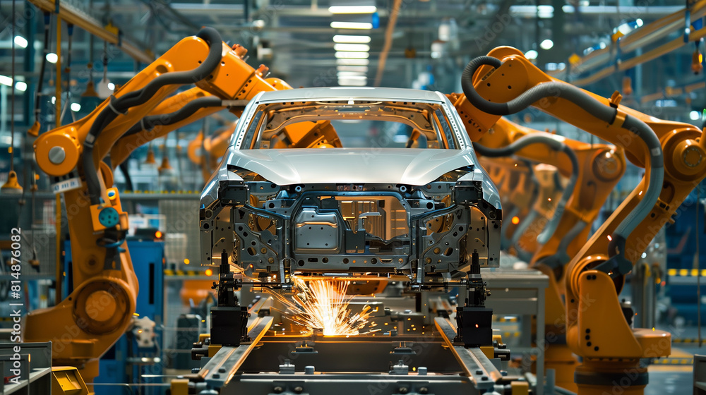 A factory with robots working on a car A factory with robots working on a car